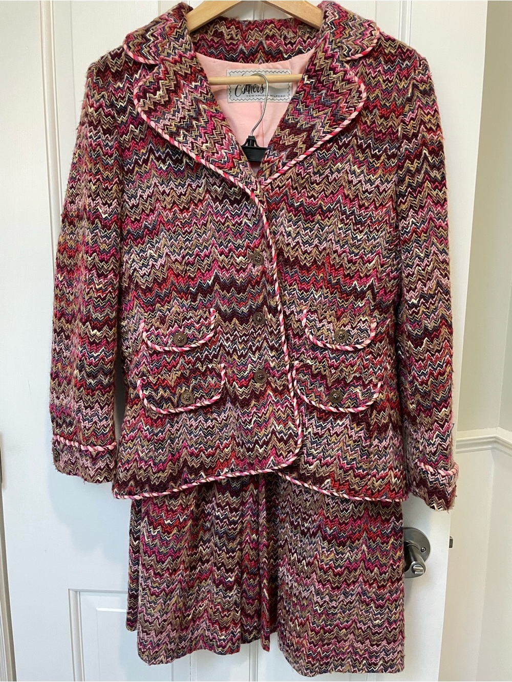 Vintage 1960s Pink Multicolor Flame Chevron Tweed Skirt Suit Set